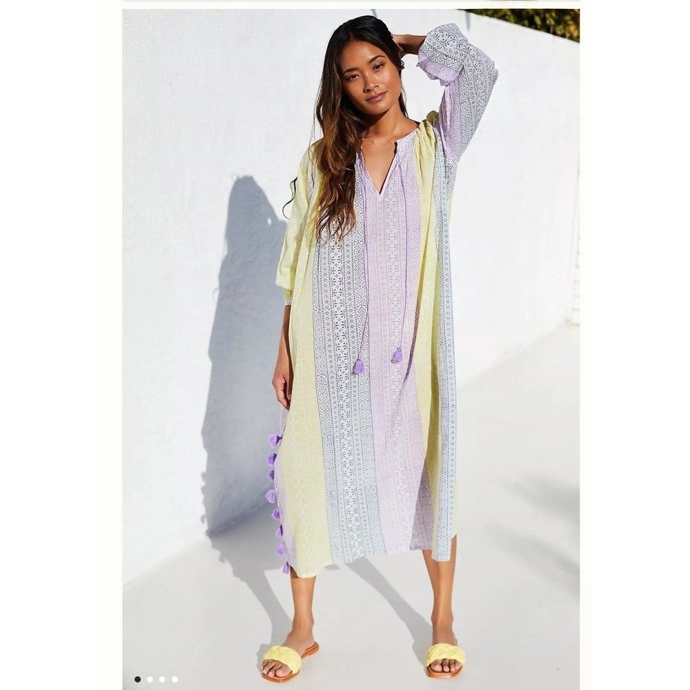 Ro's Garden Anthropologie 100% Cotton Block Print Tassel Maxi Dress Kaftan Small